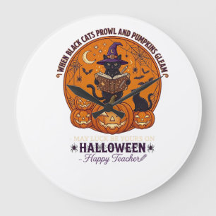 Halloween Happy Teacher Black Cat Witch Hat Pumpki Large Clock