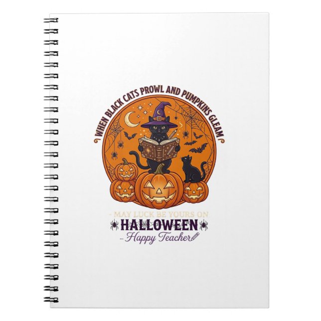 Halloween Happy Teacher Black Cat Witch Hat Pumpki Notebook (Front)
