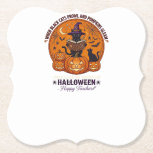 Halloween Happy Teacher Black Cat Witch Hat Pumpki Paper Coaster
