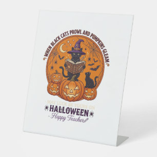 Halloween Happy Teacher Black Cat Witch Hat Pumpki Pedestal Sign