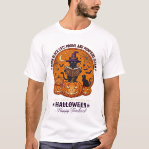 Halloween Happy Teacher Black Cat Witch Hat Pumpki T-Shirt