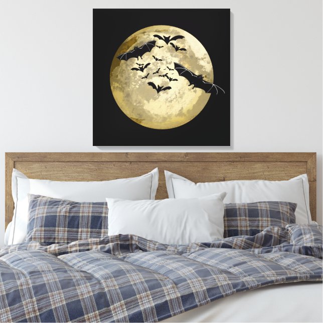 Halloween Harvest Full Moon And Night Flight Bats Canvas Print (Insitu(Bedroom))