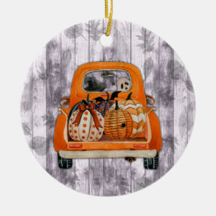 Halloween harvest orange pickup truck with pumpkin ceramic tree decoration