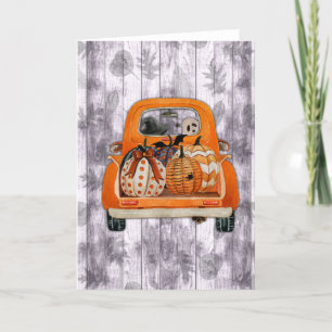 Halloween harvest orange pickup truck with pumpkin holiday card