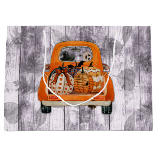 Halloween harvest orange pickup truck with pumpkin large gift bag