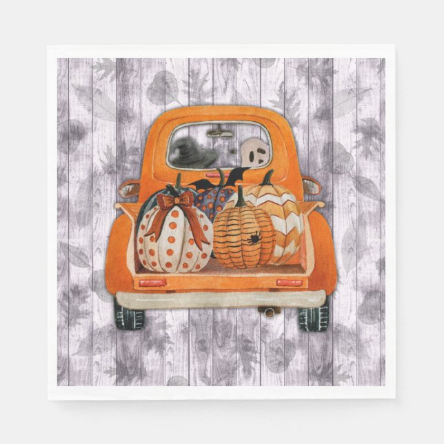Halloween harvest orange pickup truck with pumpkin napkin (Front)
