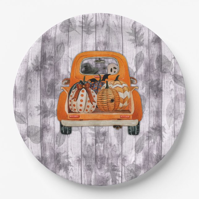 Halloween harvest orange pickup truck with pumpkin paper plate (Front)