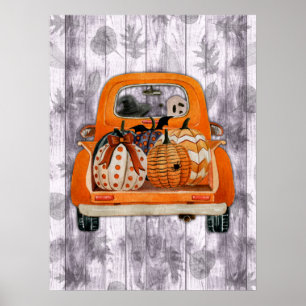 Halloween harvest orange pickup truck with pumpkin poster