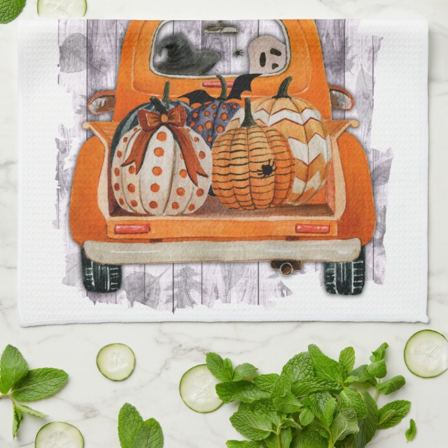 Halloween harvest orange pickup truck with pumpkin tea towel (Folded)