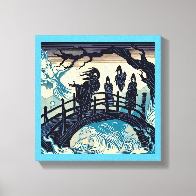Halloween - Haunted Bridge Woodcut 2 Canvas Print (Front)