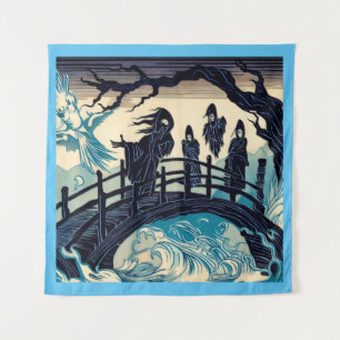 Halloween - Haunted Bridge Woodcut 2 Tapestry