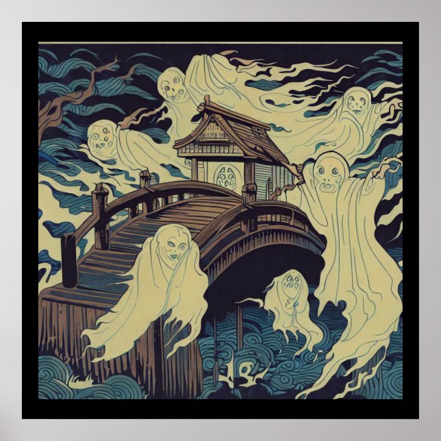 Halloween - Haunted Bridge Woodcut 4 Poster (Front)