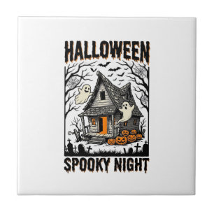 Halloween Haunted Cabin Scary Night Vintage Art Tile
