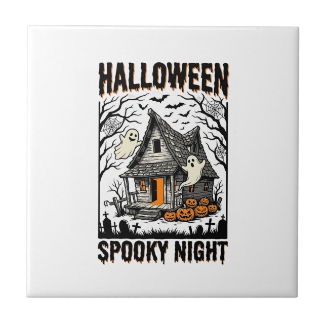 Halloween Haunted Cabin Scary Night Vintage Art Tile (Front)