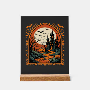 Halloween Haunted Castle Pumpkin Moon Vector Art Acrylic Sign