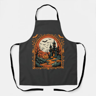 Halloween Haunted Castle Pumpkin Moon Vector Art Apron
