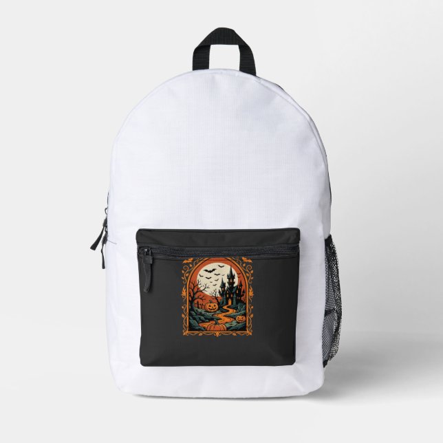 Halloween Haunted Castle Pumpkin Moon Vector Art Printed Backpack (Front)