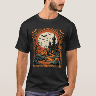 Halloween Haunted Castle Pumpkin Moon Vector Art T-Shirt