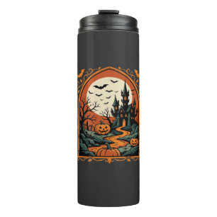 Halloween Haunted Castle Pumpkin Moon Vector Art Thermal Tumbler