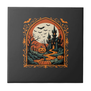 Halloween Haunted Castle Pumpkin Moon Vector Art Tile