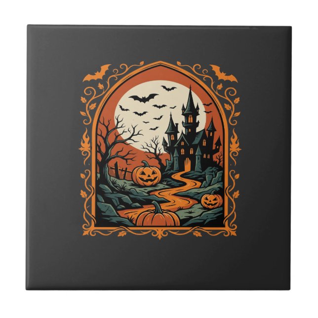 Halloween Haunted Castle Pumpkin Moon Vector Art Tile (Front)