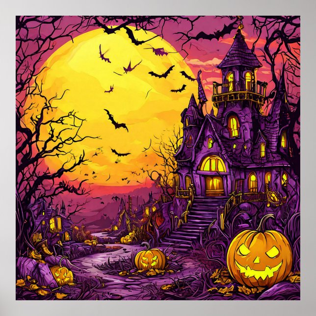 Halloween Haunted Castle Pumpkins Bats Dark Scene Poster (Front)