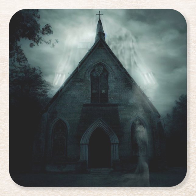 Halloween - Haunted Church 1 Square Paper Coaster (Front)