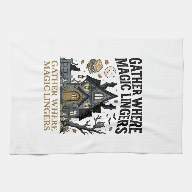 Halloween Haunted Cottage Gathering Tea Towel (Horizontal)