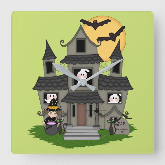 Halloween haunted house and little witch green square wall clock (Front)