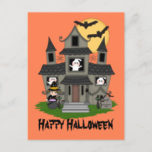 Halloween haunted house and little witch orange postcard