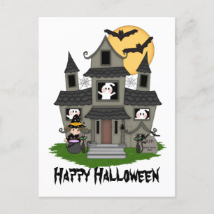 Halloween haunted house and little witch white postcard