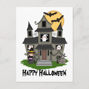 Halloween haunted house and little witch white postcard
