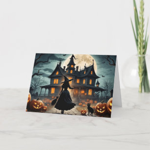Halloween Haunted House and Witch Holiday Card
