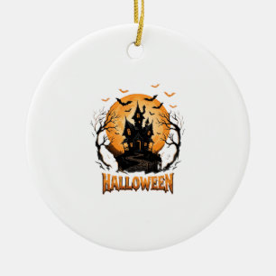 Halloween Haunted House Bat Moon Graphic Design Ceramic Tree Decoration