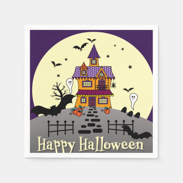 Halloween Haunted House Black Bat Full Moon Ghost Napkin (Front)
