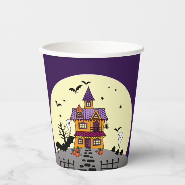 Halloween Haunted House Black Bat Full Moon Ghost Paper Cups (Front)