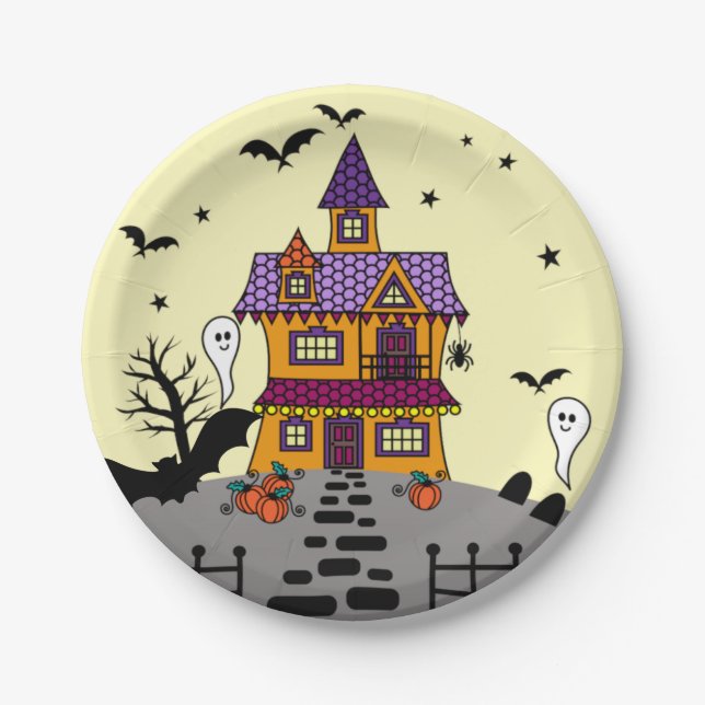 Halloween Haunted House Black Bat Full Moon Ghost Paper Plate (Front)