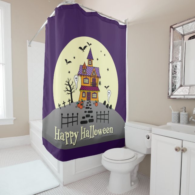 Halloween Haunted House Black Bat Full Moon Ghost  Shower Curtain (In Situ)