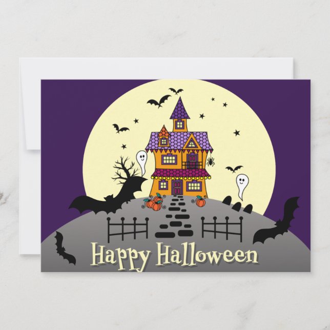 Halloween Haunted House Black Bat Full Moon Purple Invitation (Front)
