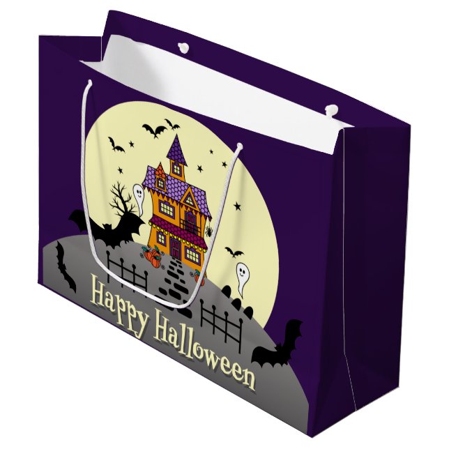 Halloween Haunted House Black Bat Full Moon Purple Large Gift Bag (Front Angled)