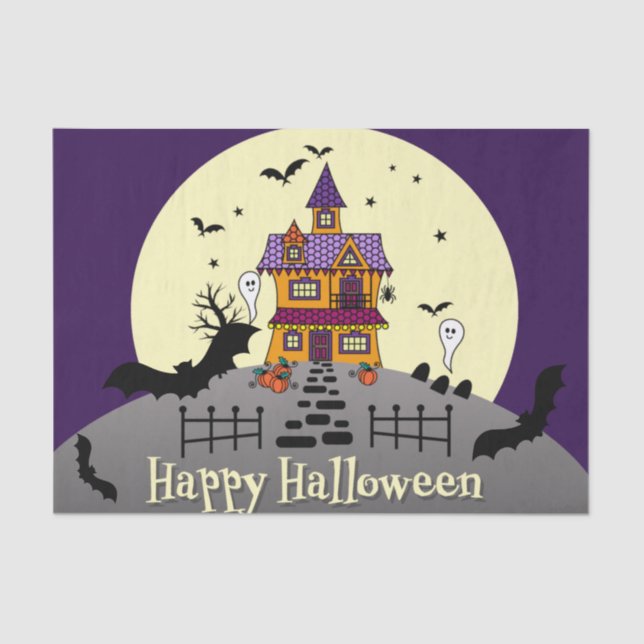 Halloween Haunted House Black Bat Full Moon Purple Tissue Paper (Front)
