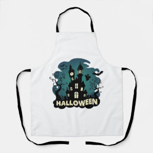 Halloween Haunted House Clock Tower Bats Ghost_1 Apron