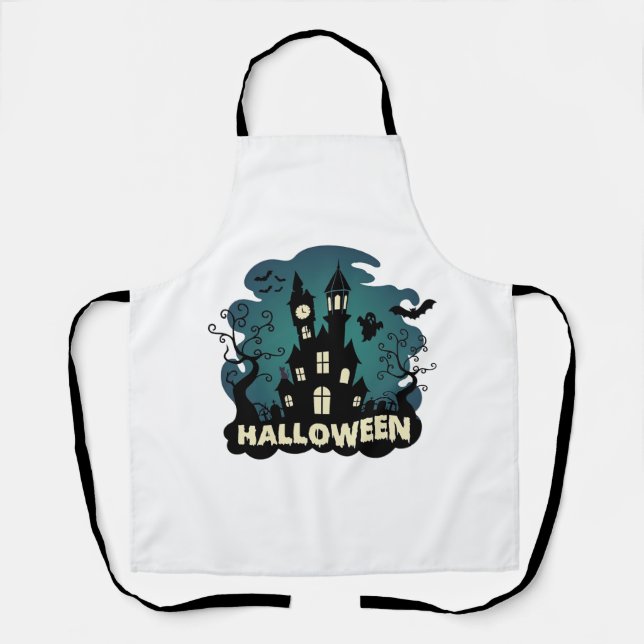 Halloween Haunted House Clock Tower Bats Ghost_1 Apron (Front)