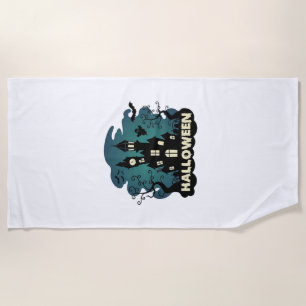 Halloween Haunted House Clock Tower Bats Ghost_1 Beach Towel