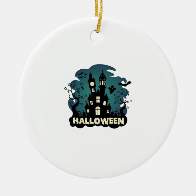Halloween Haunted House Clock Tower Bats Ghost_1 Ceramic Tree Decoration (Front)