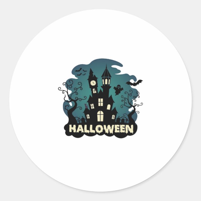 Halloween Haunted House Clock Tower Bats Ghost_1 Classic Round Sticker (Front)
