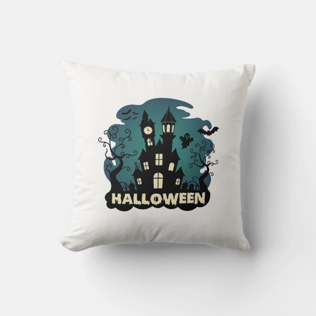 Halloween Haunted House Clock Tower Bats Ghost_1 Cushion (Front)