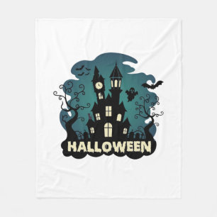 Halloween Haunted House Clock Tower Bats Ghost_1 Fleece Blanket