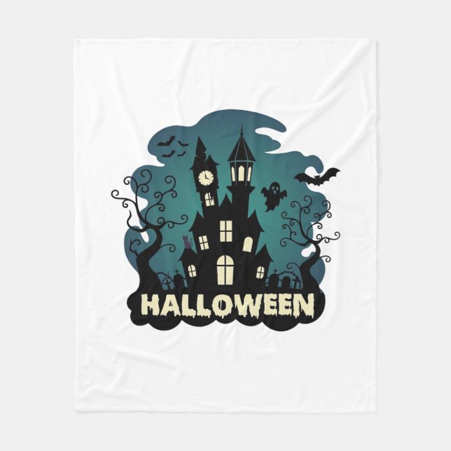 Halloween Haunted House Clock Tower Bats Ghost_1 Fleece Blanket (Front)