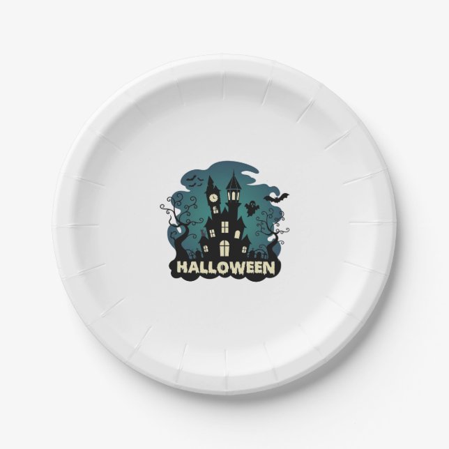 Halloween Haunted House Clock Tower Bats Ghost_1 Paper Plate (Front)